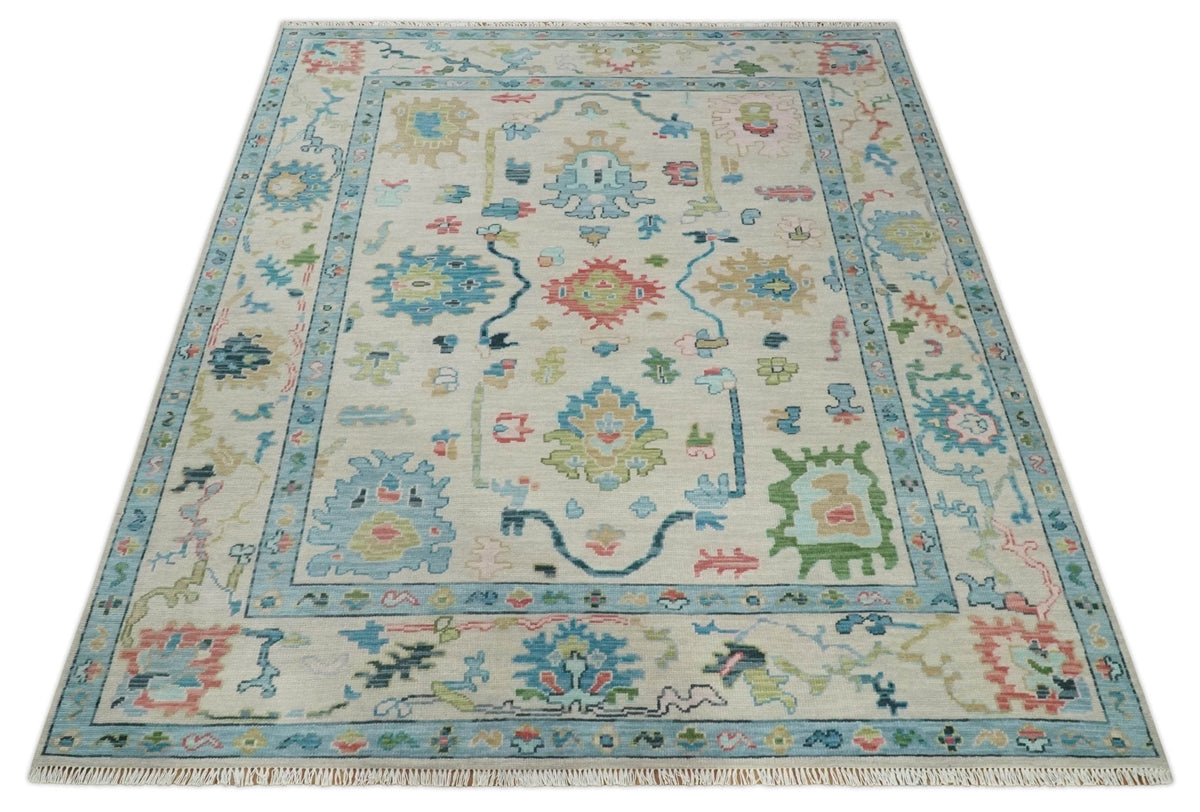 Vibrant Colorful Ivory and Aqua Hand Knotted Traditional Oushak Multi Size Wool Area Rug, Living Room Rug.
