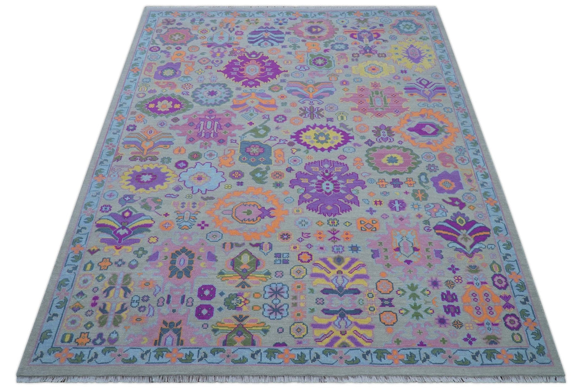 Modern Oushak Made to Order Purple And Ivory Hand Knotted Wool Rug.
