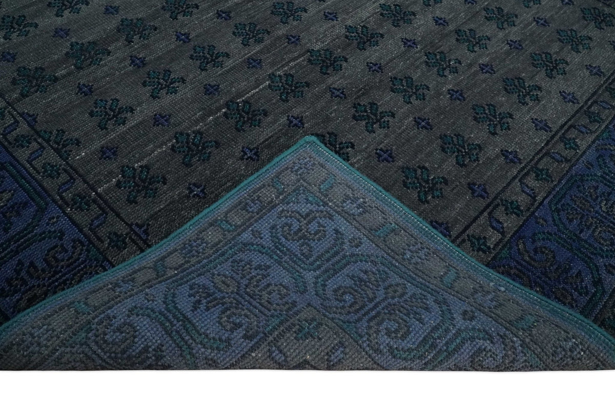 Gray and Blue Traditional Hand Knotted Antique Style low Pile Custom Made Wool Area Rug.