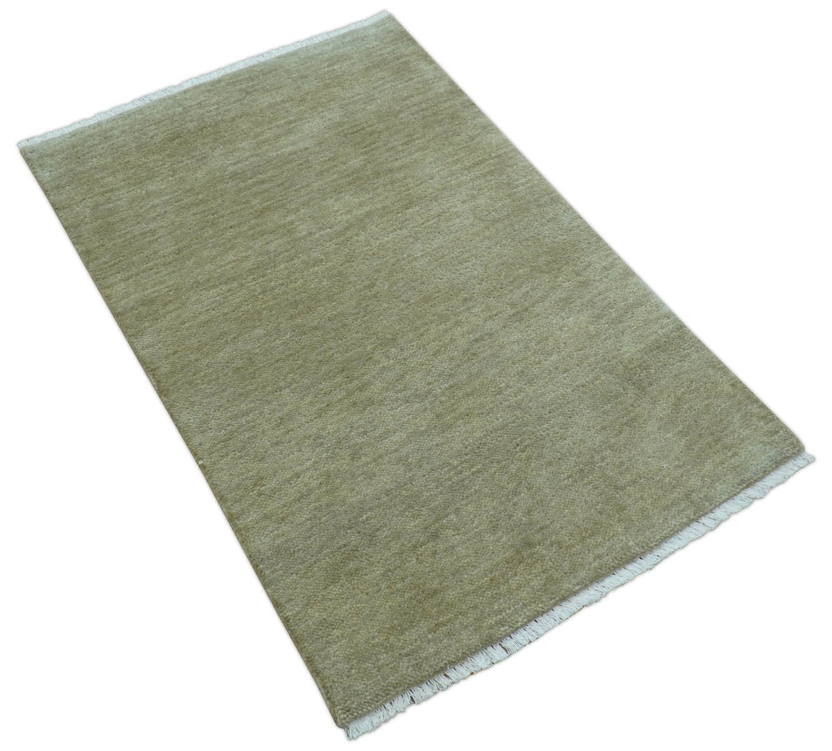 Olive Modern Solid Design Hand Knotted Wool Rug.