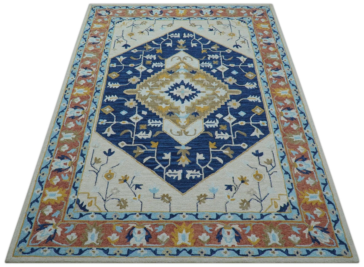 Ollie Traditional Blue And Ivory Hand Tufted Wool Rug.