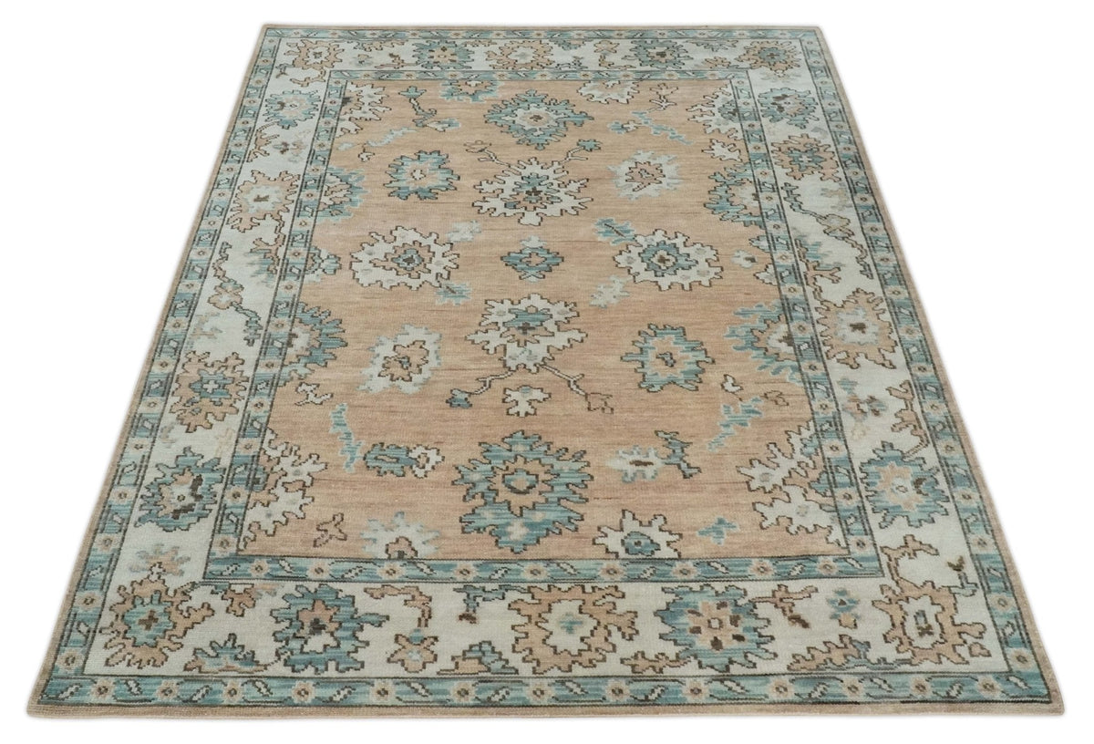 Peach, Ivory and Teal Hand knotted Traditional Oushak Multi Size wool Area Rug.