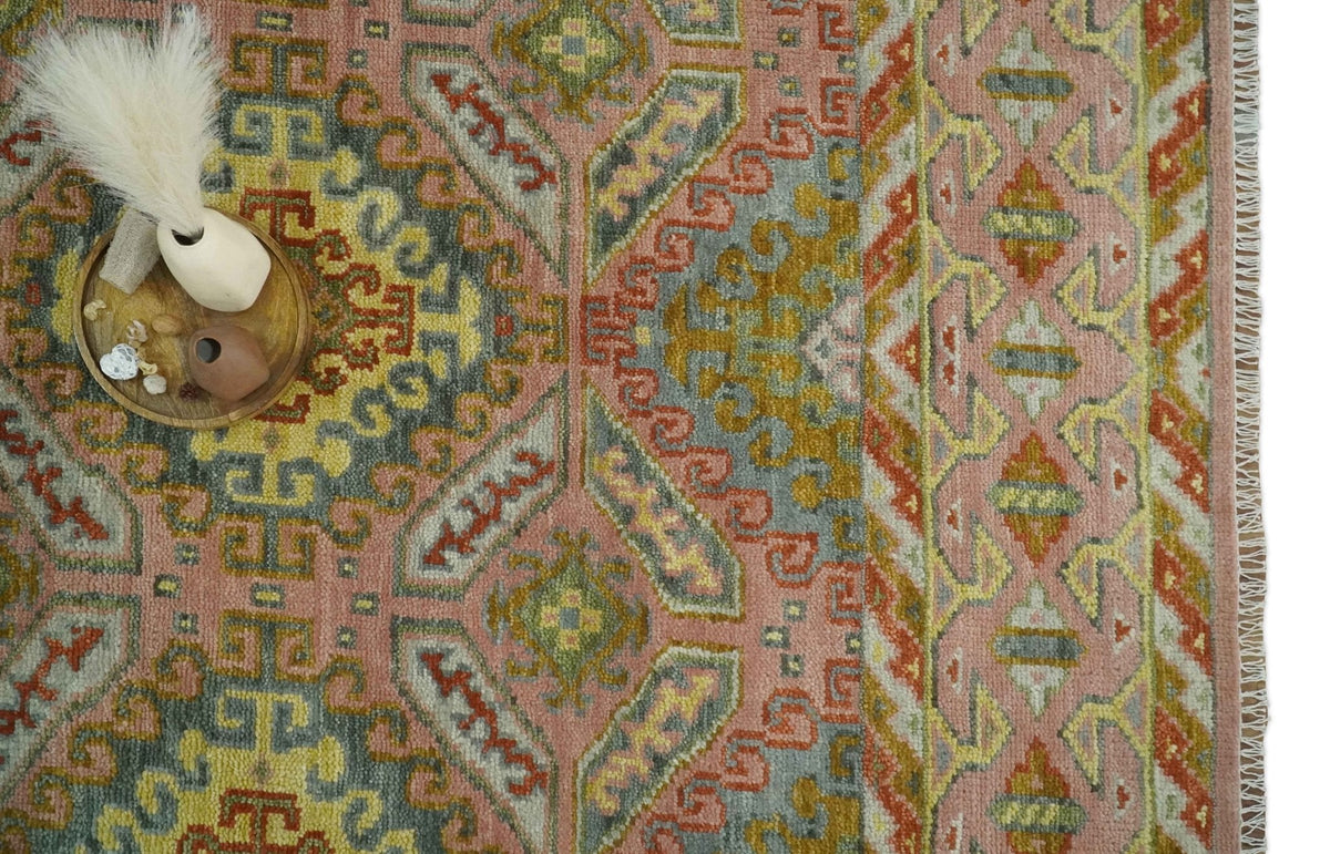 Peach, Mustard, Brown and Gray Oriental Hand Knotted Multi Size Wool Area Rug, Living Room and Bedroom Rug.