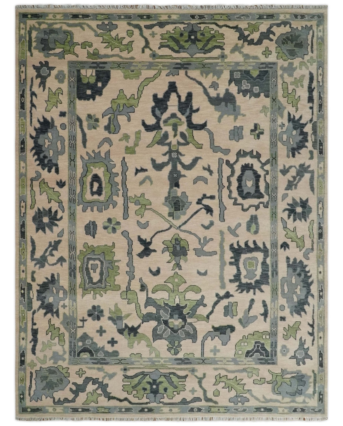 Beige, Charcoal and Green Hand knotted Oushak Traditional Wool Area Rug.