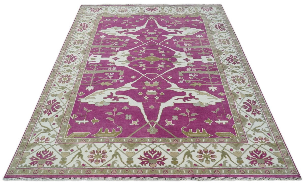 Purple, Ivory and Olive Traditional Hand knotted Oriental Oushak Multi Size wool Area Rug.