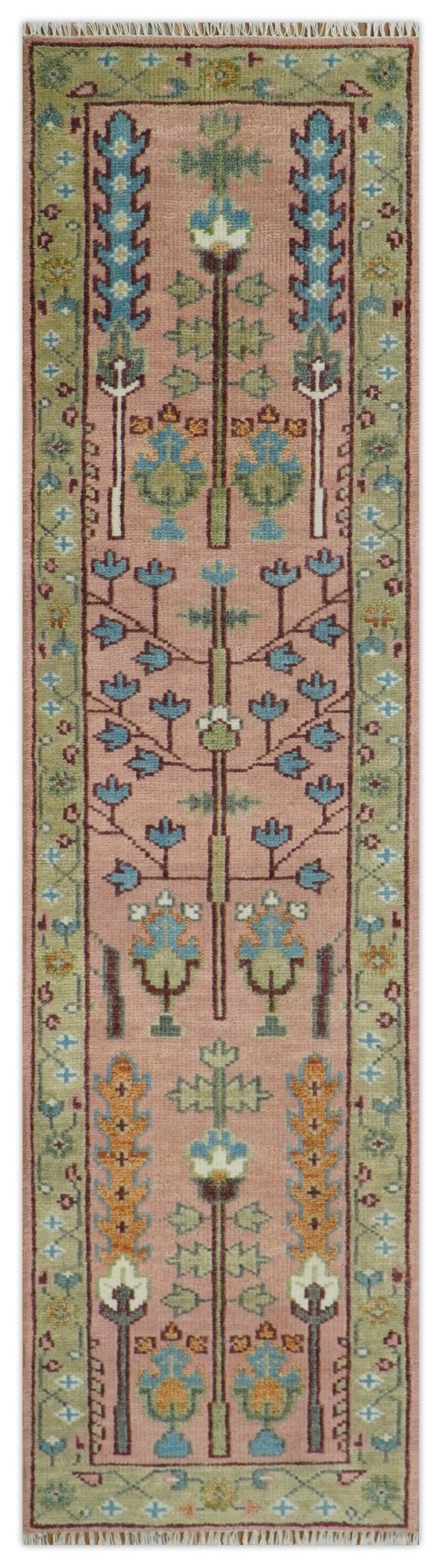 Ready to Ship Pink, Olive and Beige Tree of life Vintage Traditional Wool Rug.