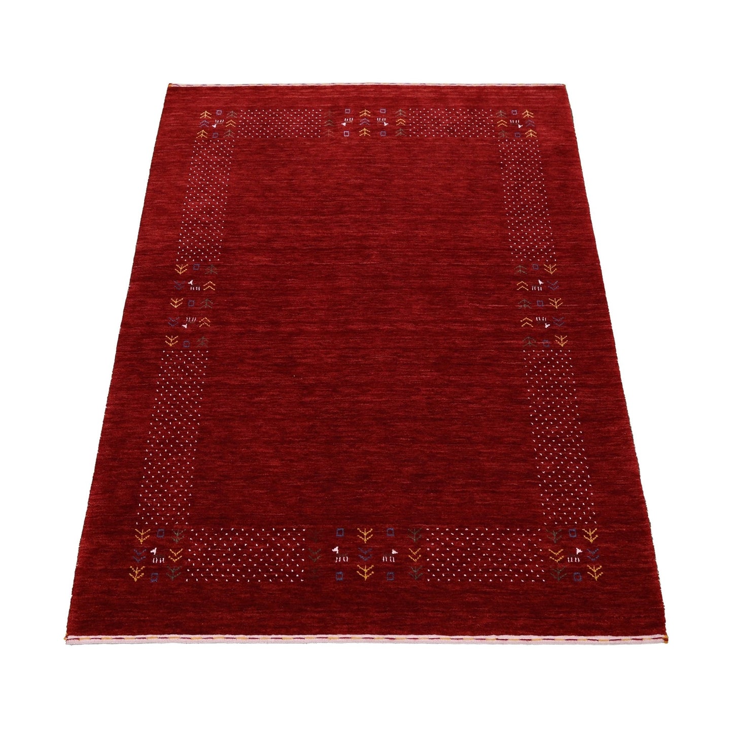 Red Contemporary Border Motifs Hand Loomed Wool Area Rug.
