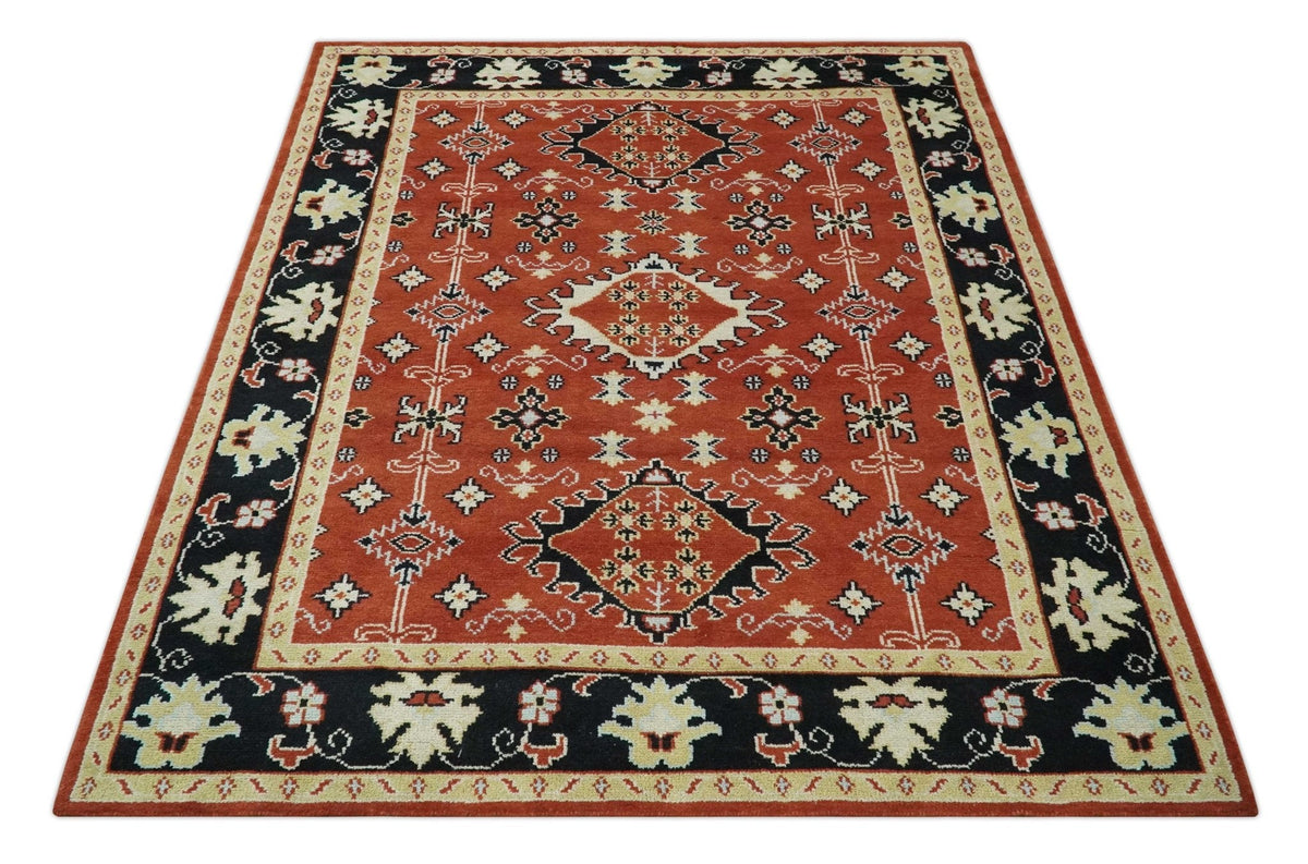 Rust, Black and Beige Traditional Oriental Hand Knotted Custom Made Wool Area Rug.