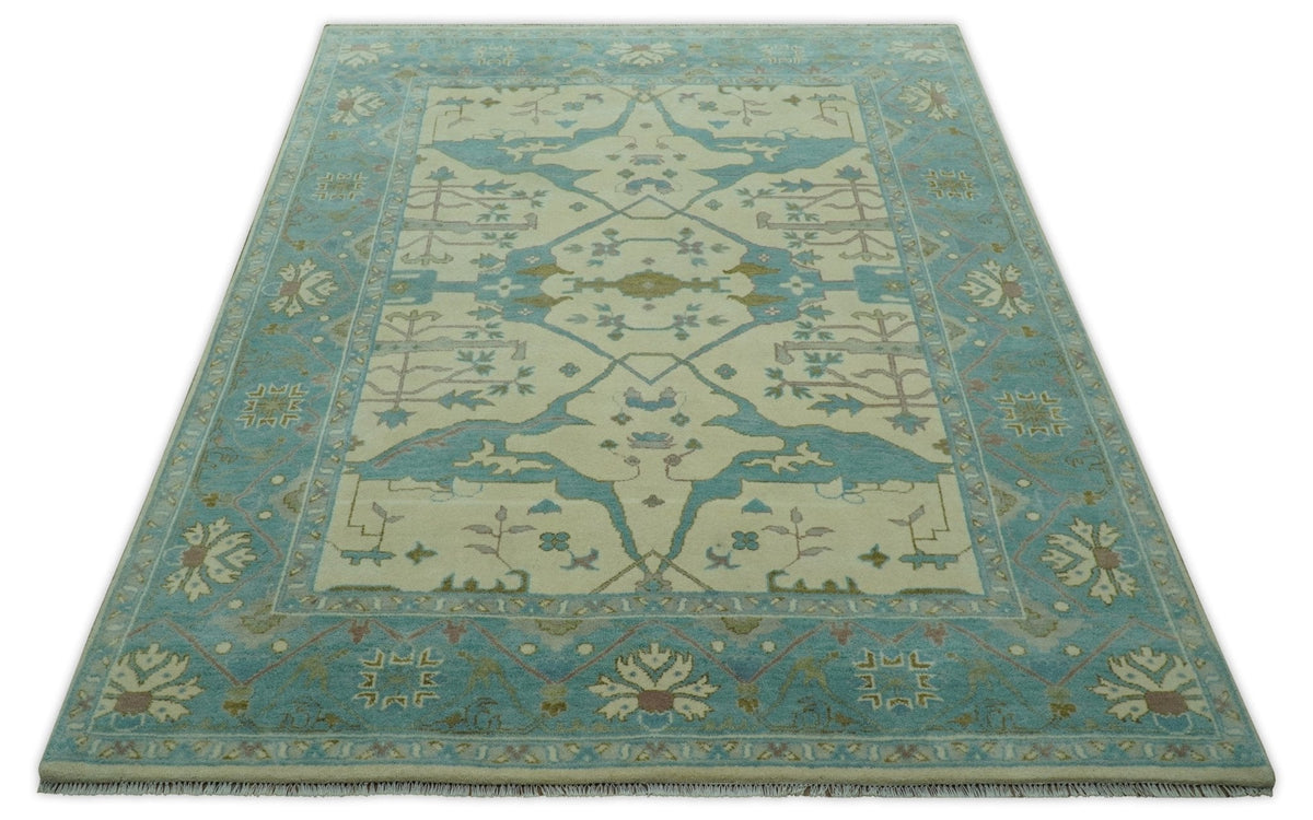 Richmond Custom Made Ivory and Teal Hand Knotted Oushak Wool Rug.