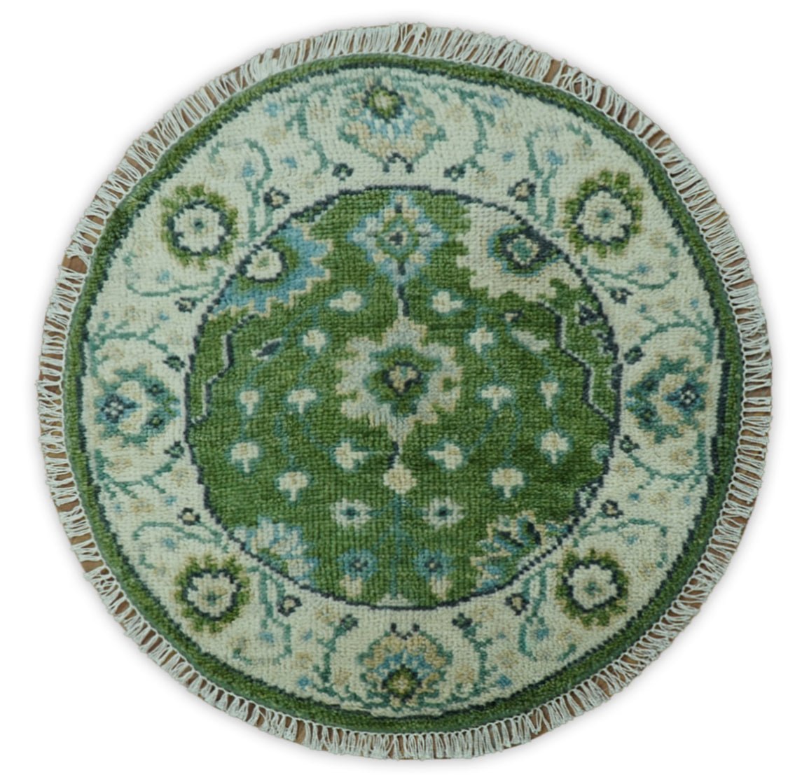 Royal Green and Ivory Custom Made Hand knotted Traditional Oushak wool Area Rug.