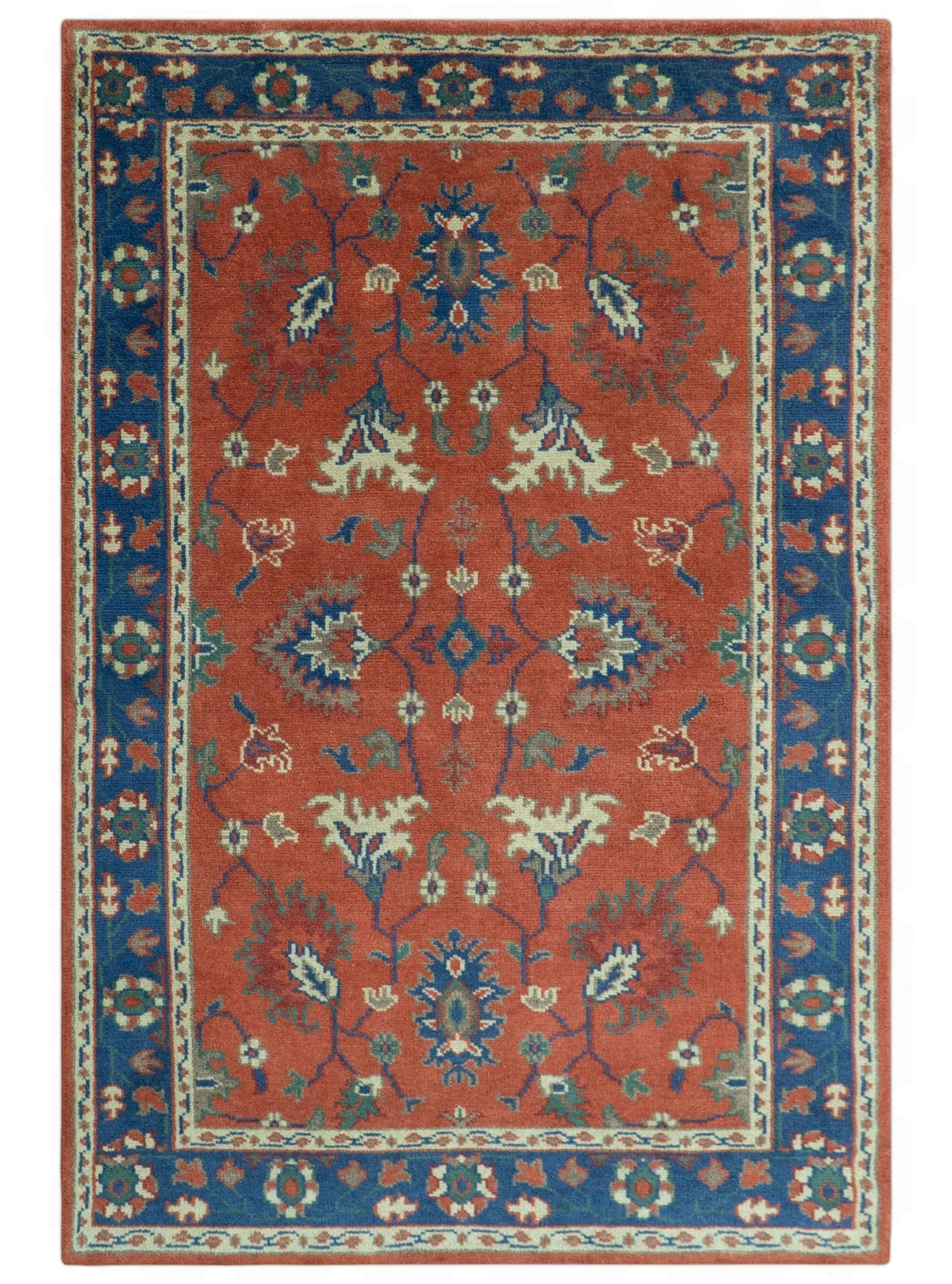 Rust, Blue and Beige Hand Knotted Oriental Oushak Multi Size wool Area Rug.