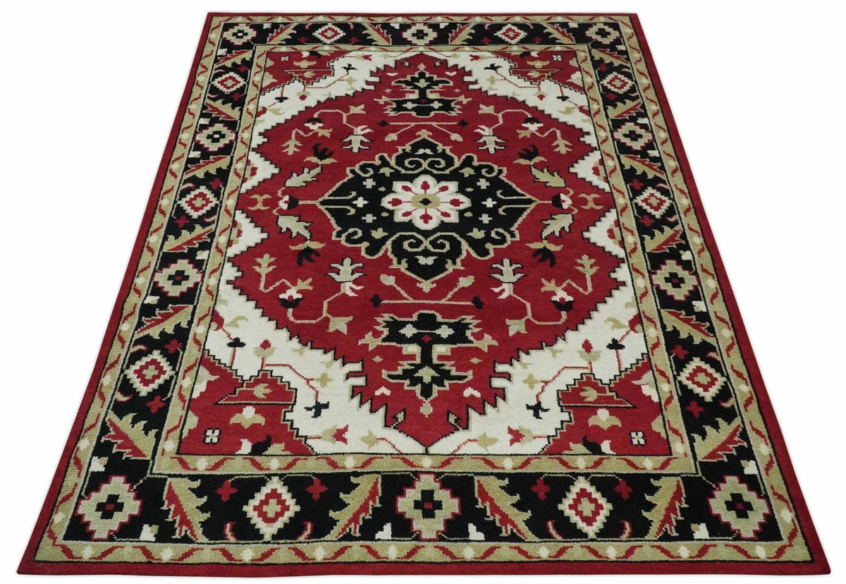 Rust, Ivory, Black and Beige Hand Knotted Traditional Heriz Multi Size wool area Rug.