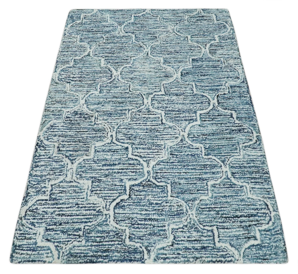 Blue and Ivory Modern Geometric Hand Tufted Natural Wool Rug.