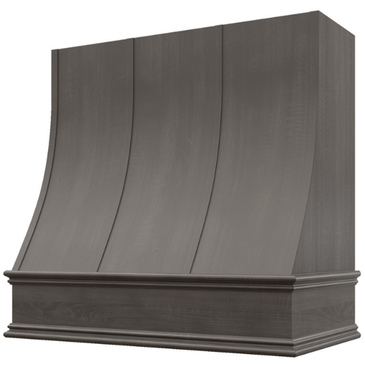 Riley & Higgs Stained Gray Wood Range Hood With Sloped Strapped Front and Decorative Trim - 30", 36", 42", 48", 54" and 60" Widths Available