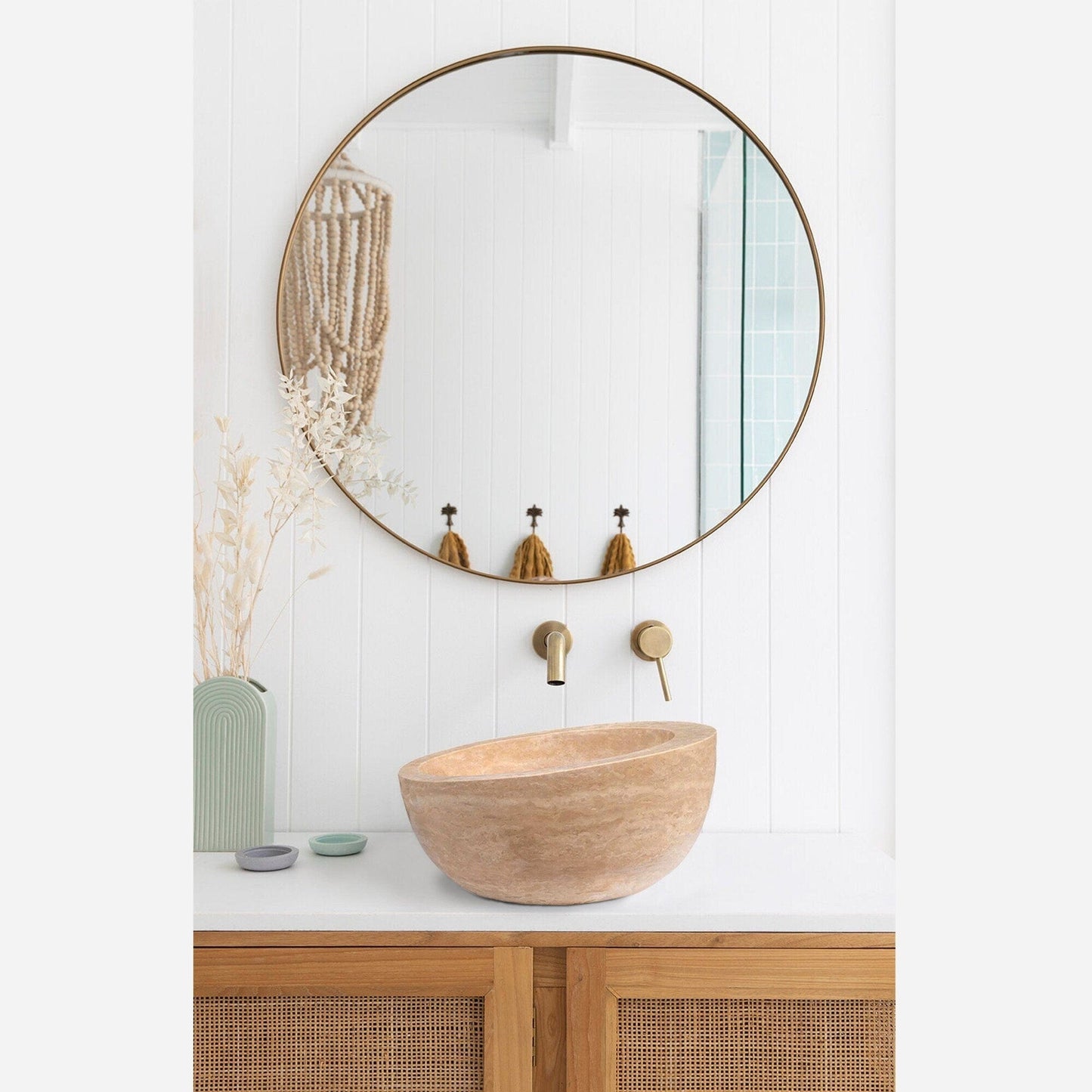 Villohome | Online Flooring Shop Stone Sinks Light Beige Travertine Sloped Above Vanity Bathroom Vessel Sink Honed Light Beige Travertine Sloped Above Vanity Bathroom Vessel Sink Honed