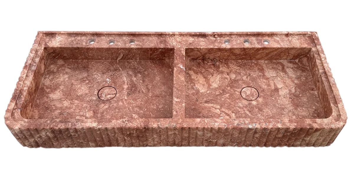 Villohome | Online Flooring Shop Stone Sinks Red Travertine Double Bathroom Vanity Sink Fluted on Front and Edges (W)20" (L)48" Red Travertine Double Bathroom Vanity Sink Fluted on Front and Edges (W)20" (L)48"