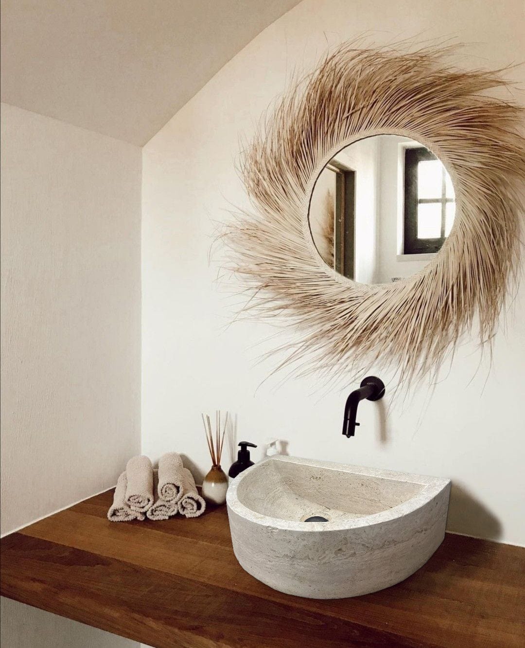 Villohome | Online Flooring Shop Stone Sinks Troia Light Travertine Half Round Wall-mount Bathroom Sink (W)10" (L)16" (H)6" Troia Light Travertine Half Round Wall-mount Bathroom Sink (W)10" (L)16" (H)6"