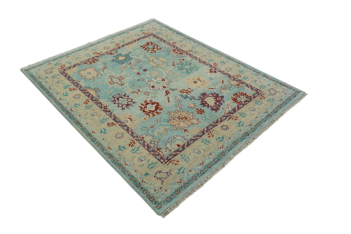 Teal And Beige Traditional Oushak Hand Knotted Wool Area Rug.