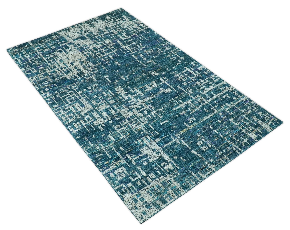 Teal, Blue and Silver 5x8 Hand Knotted Modern Abstract Art Silk Area Rug.