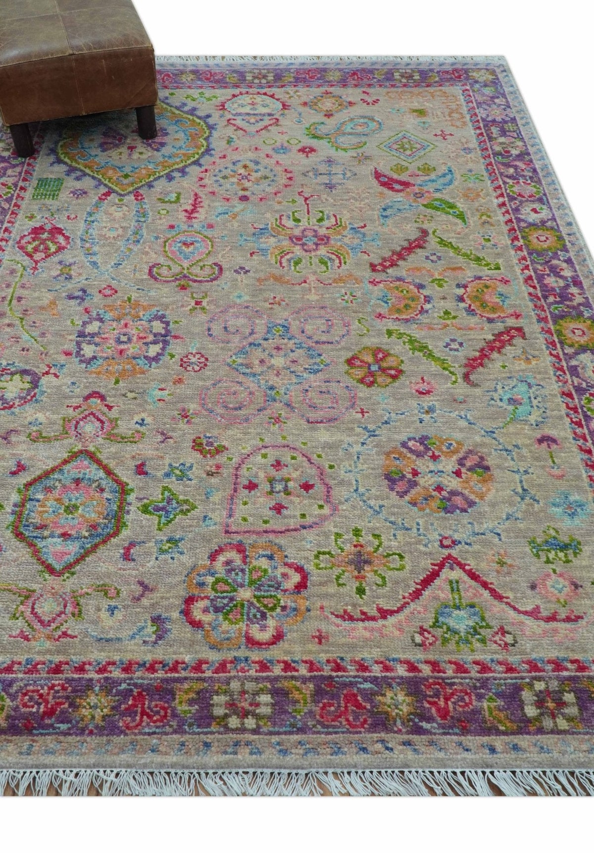 Terra Custom Made Traditional Tribal Design Beige And Pink Hand Knotted Wool Rug.