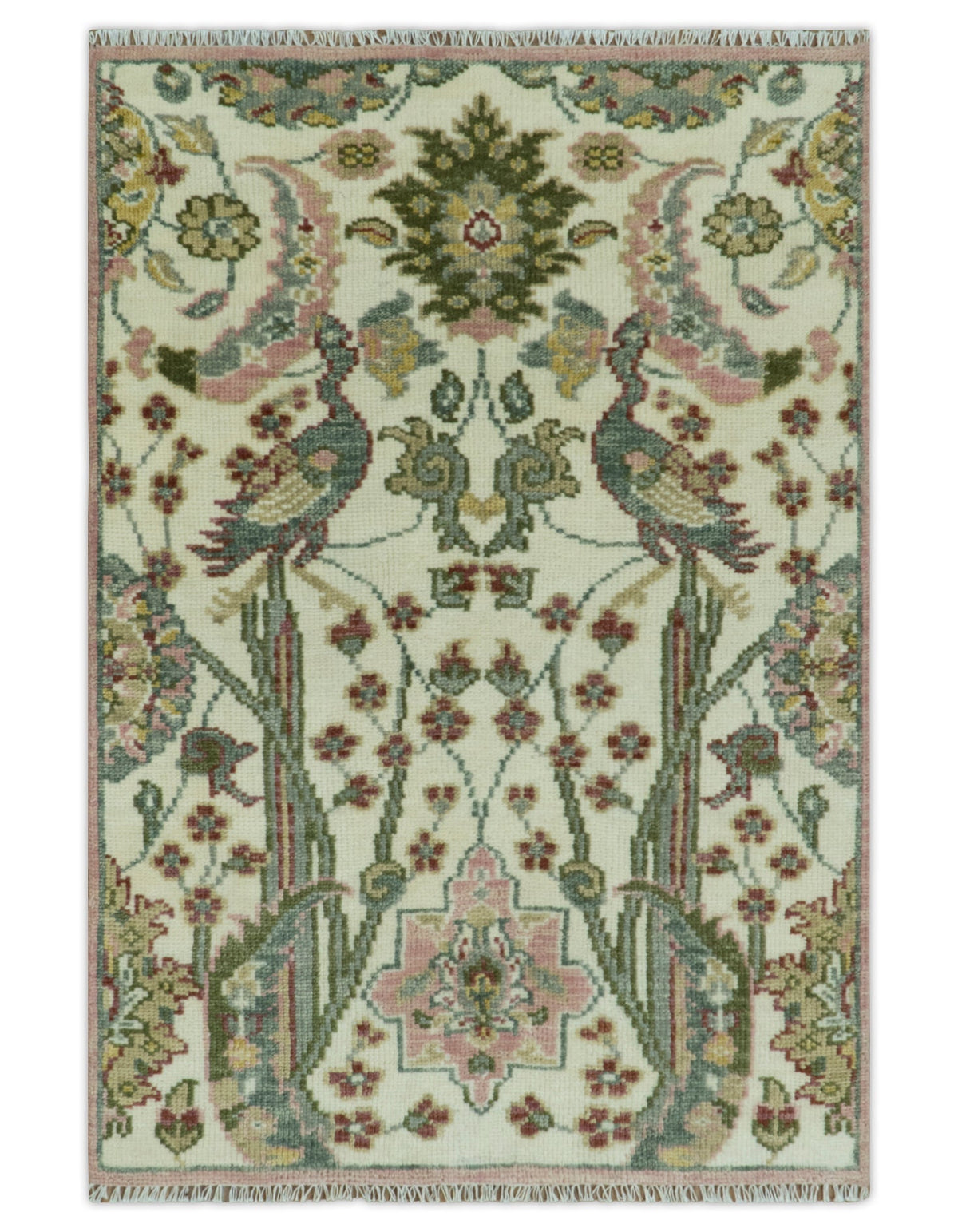 The Peacock Garden Ivory and Green Bird Hand Knotted Multi size Wool Area Rug.