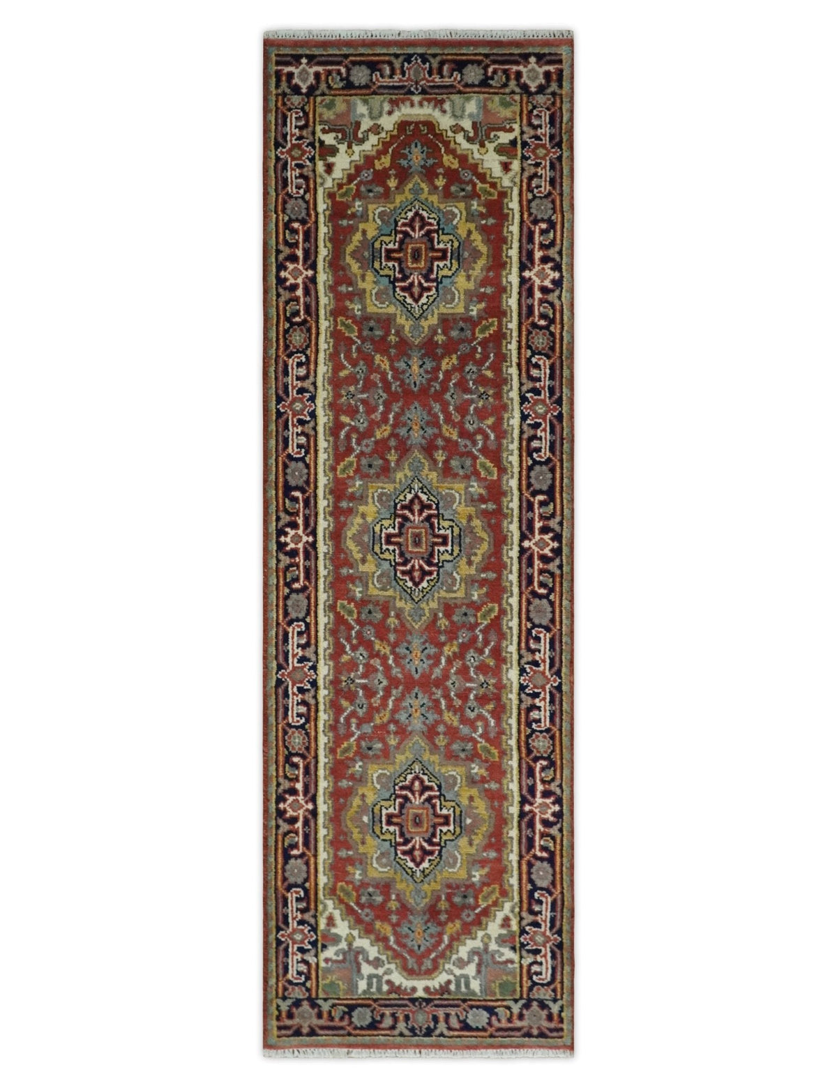 Custom Made Classic Serapi Blue, Rust and Ivory Hand knotted wool Area Rug.