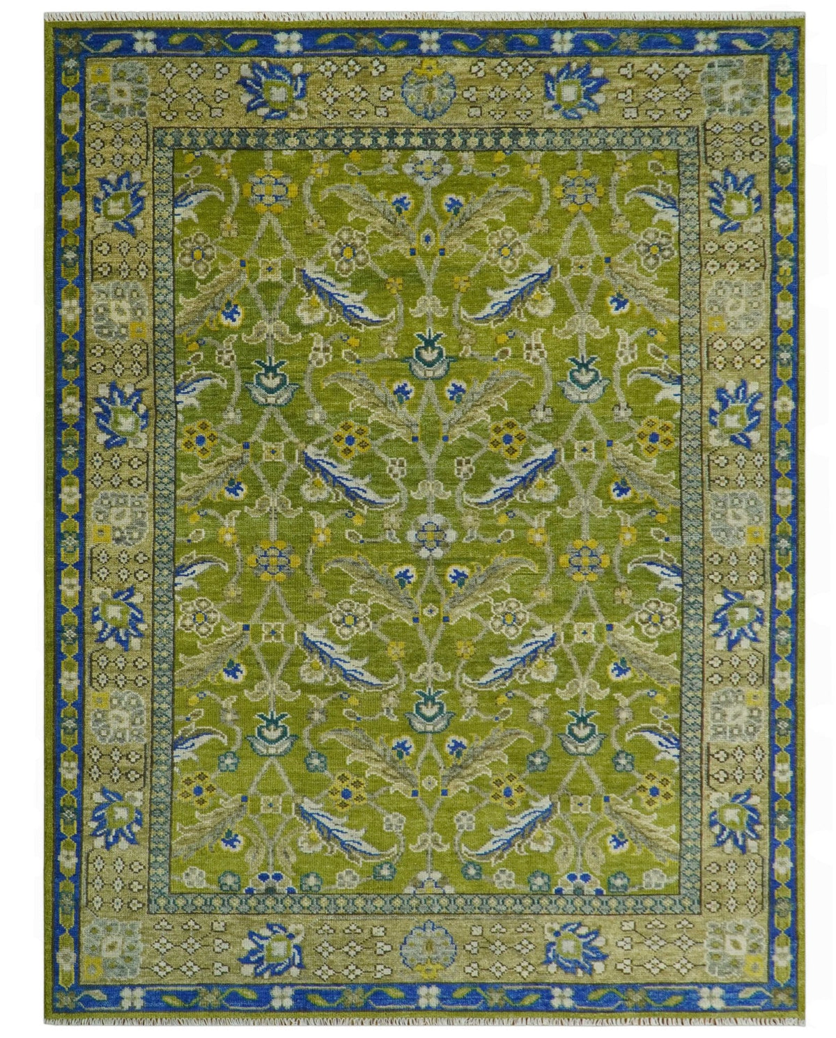 Traditional Floral Green and Blue Hand Knotted Multi size wool area rug.