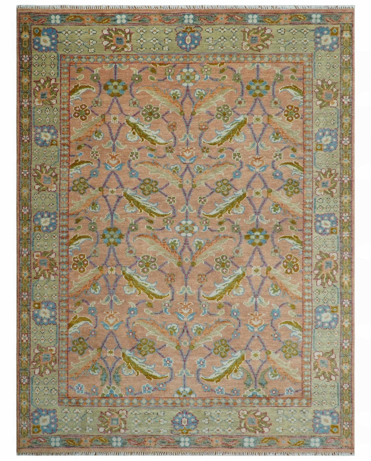 Traditional Floral Peach and Green Hand Knotted Custom Made wool area rug.