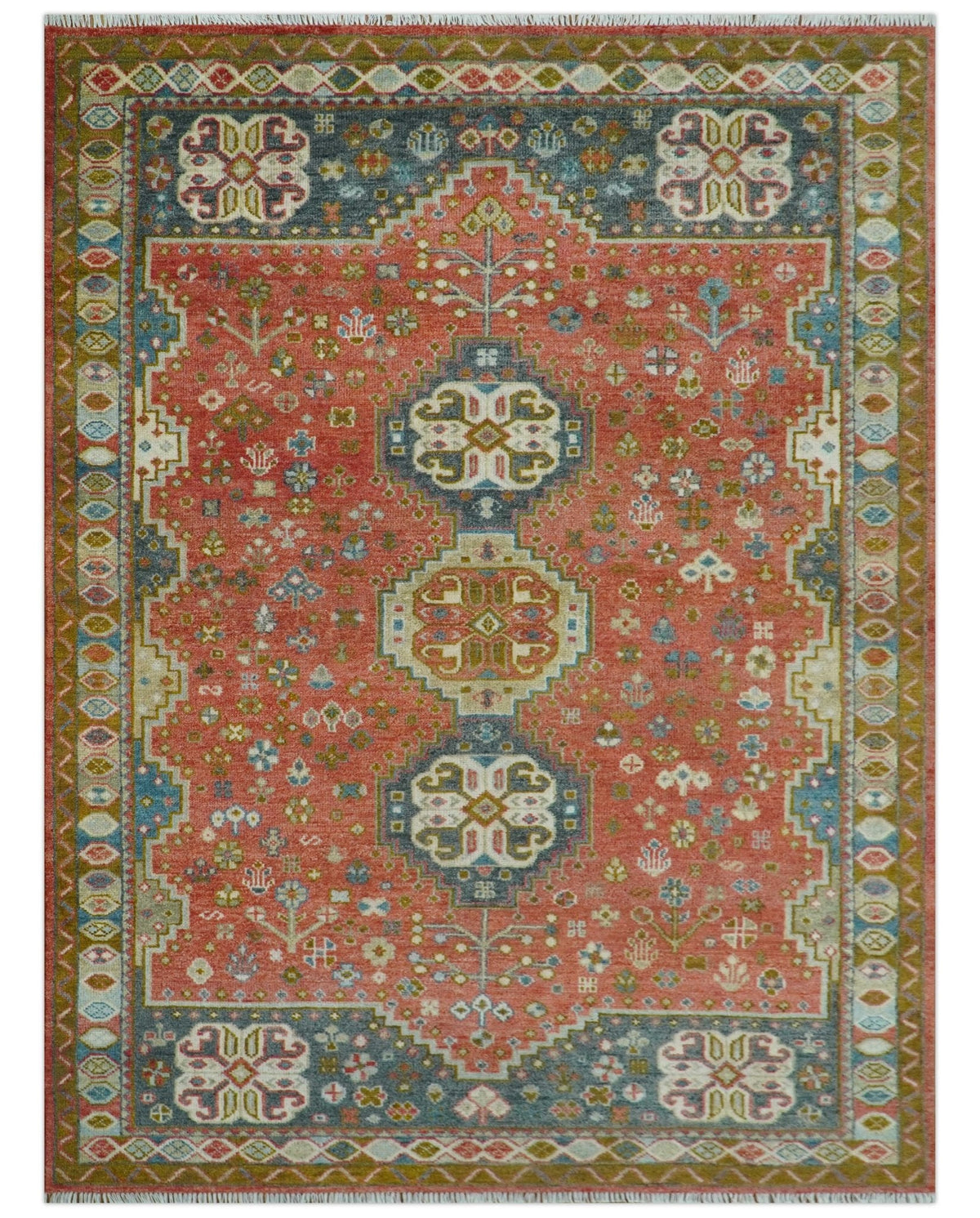 Traditional floral Rust, Charcoal and Beige Mamluk design Custom Made wool Area Rug.