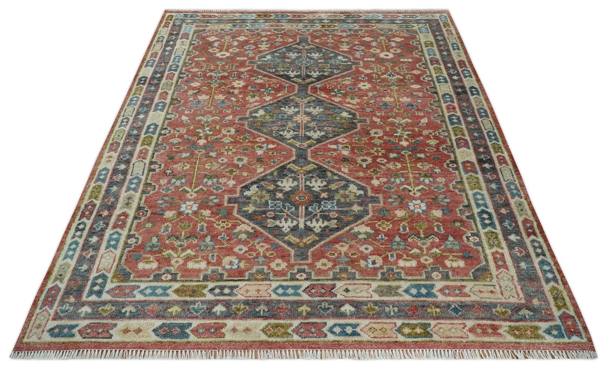 Traditional Floral Rust, Charcoal and Ivory Hand knotted Custom Made wool Area Rug.