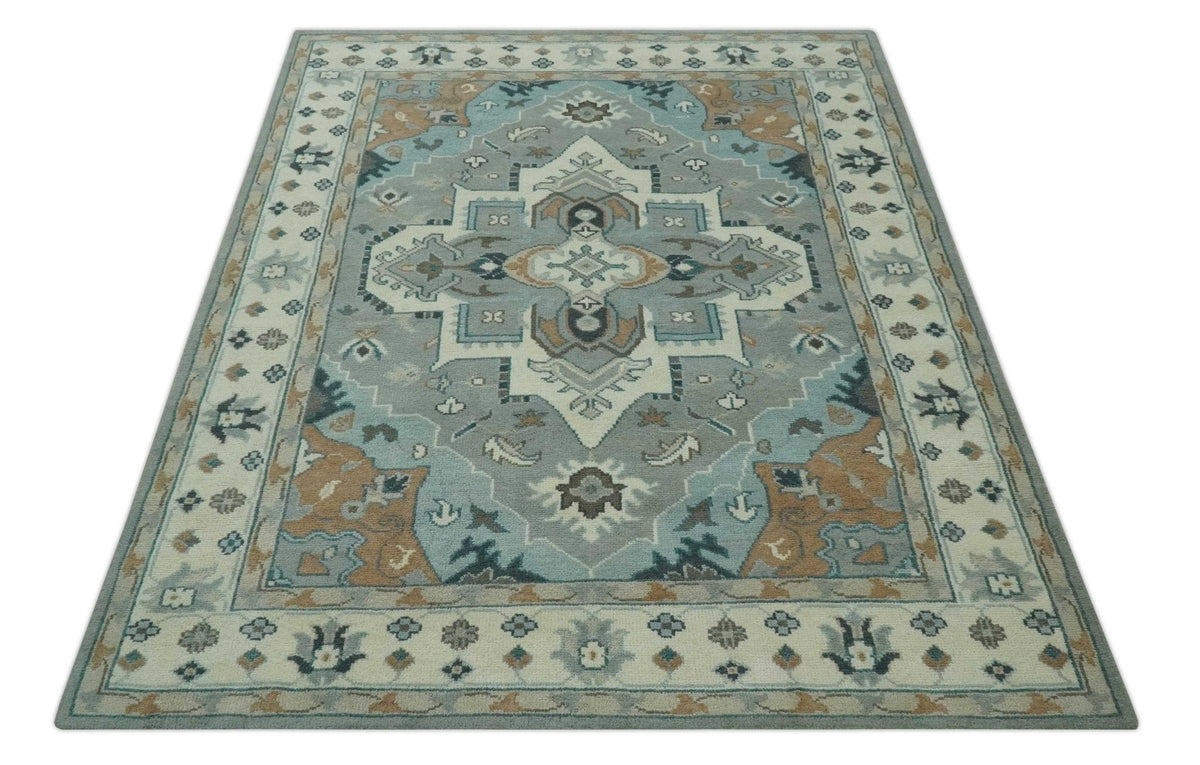 Traditional Heriz Gray and Ivory Floral Hand Knotted Custom Made wool Area Rug.