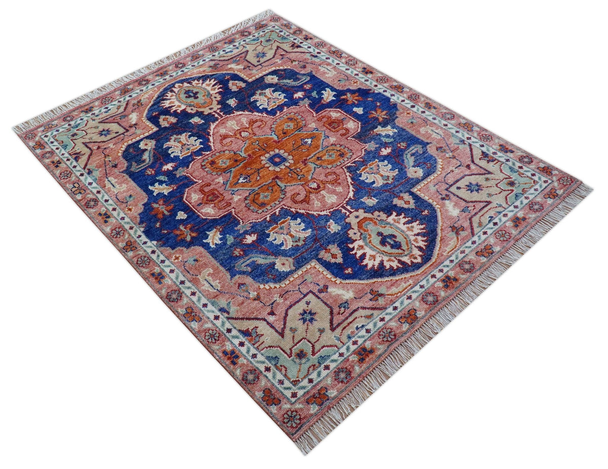 Traditional Serapi Design Blue And Pink Hand Knotted Wool Area Rug.
