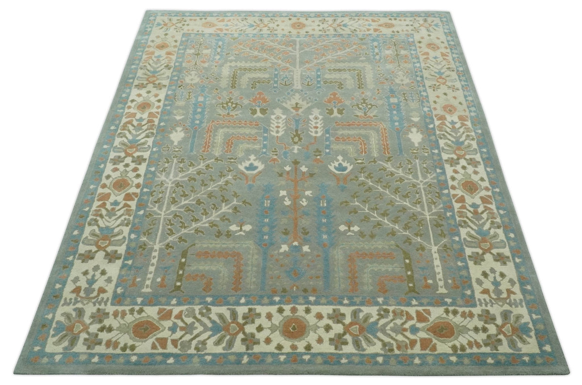 Tree of life Traditional Floral Gray, Beige, Green and Dark Peach Hand Tufted wool Area Rug.