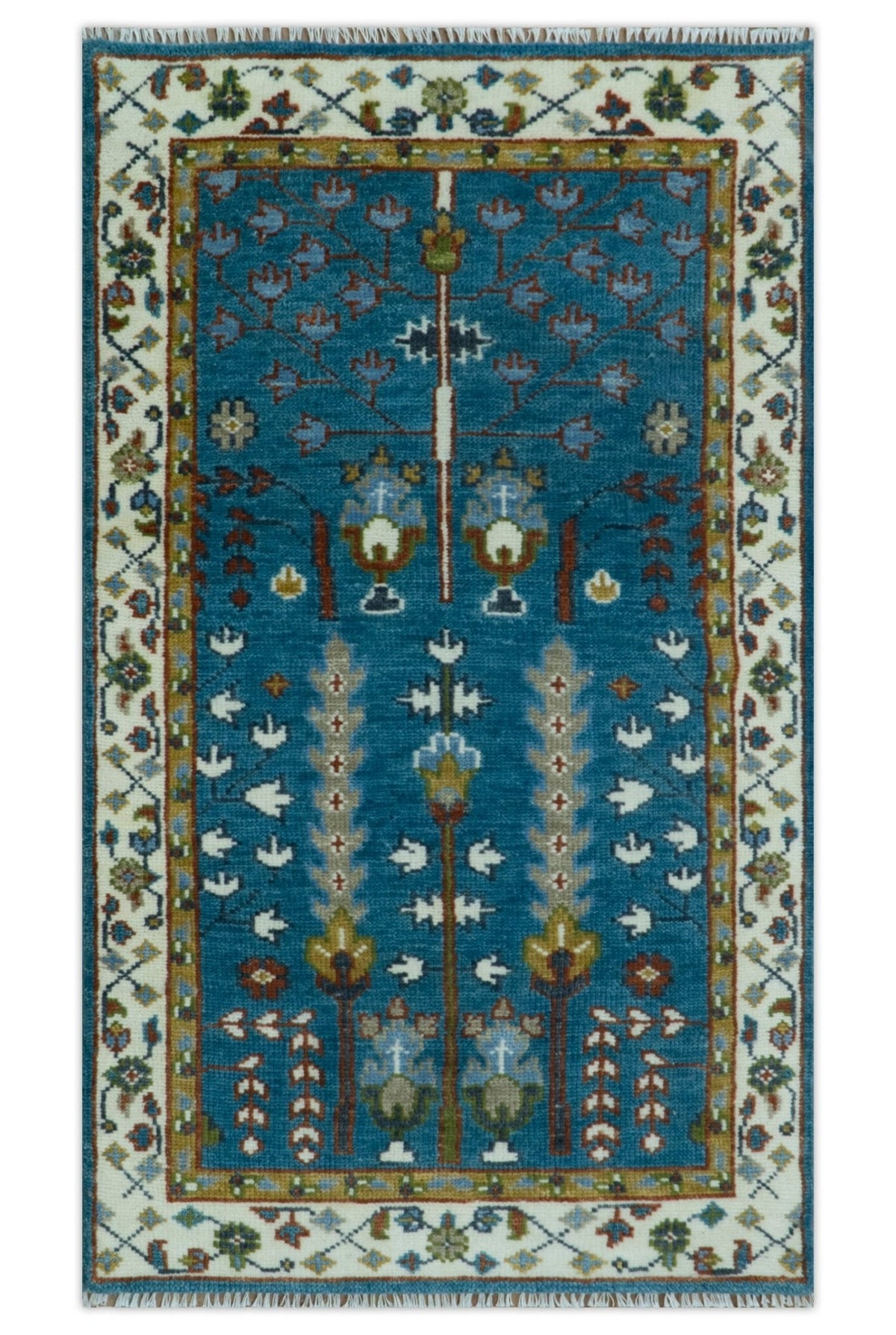 Tree of Life Traditional Hand Knotted Teal Blue and Ivory Custom Made Wool Area Rug.