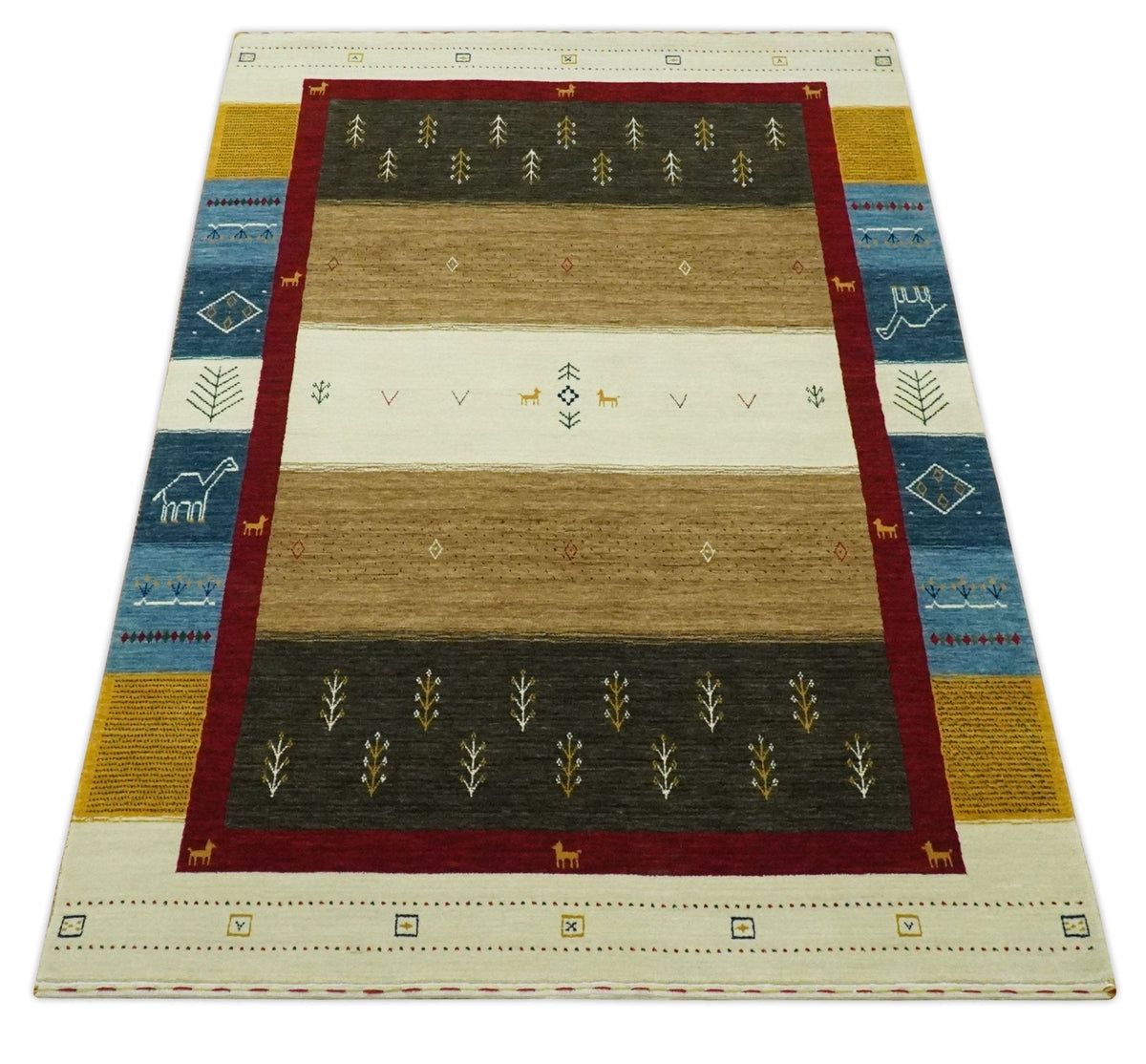 Tribal Gabbeh Gold, Ivory, Blue and Charcoal Stripes design Custom Made Wool Rug.