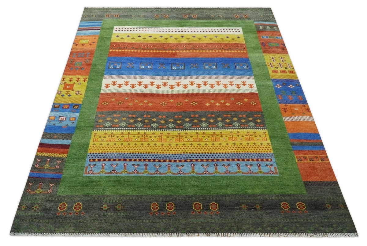 Tribal Gabbeh Green, Rust, Blue and Gold Hand knotted Antique Style Traditional Wool Area Rug.