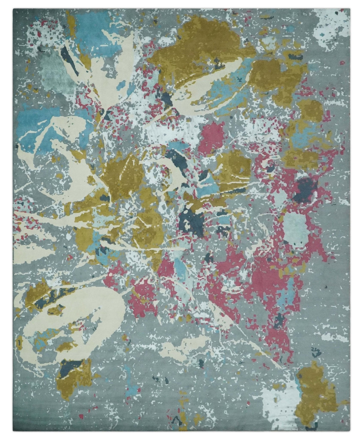 Vibrant Colorful Modern Abstract Gray, Olive, Purple and Ivory Hand knotted 10x14 and 12x15 wool Area Rug.