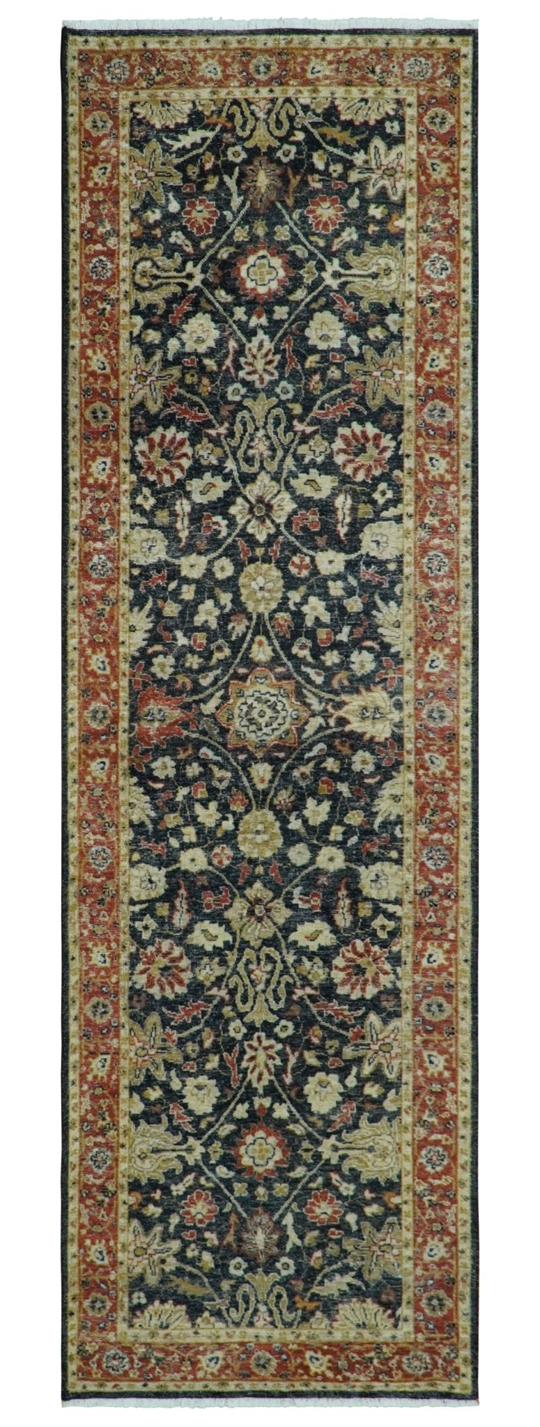 Hand Knotted Traditional Black, Rust and Beige Textured Low Pile Distressed Wool Rug.
