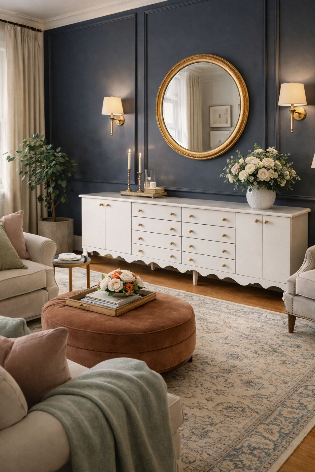 Elegant, bespoke white sideboard in a living room designed with 2026 color trends and cozy modern cottage style