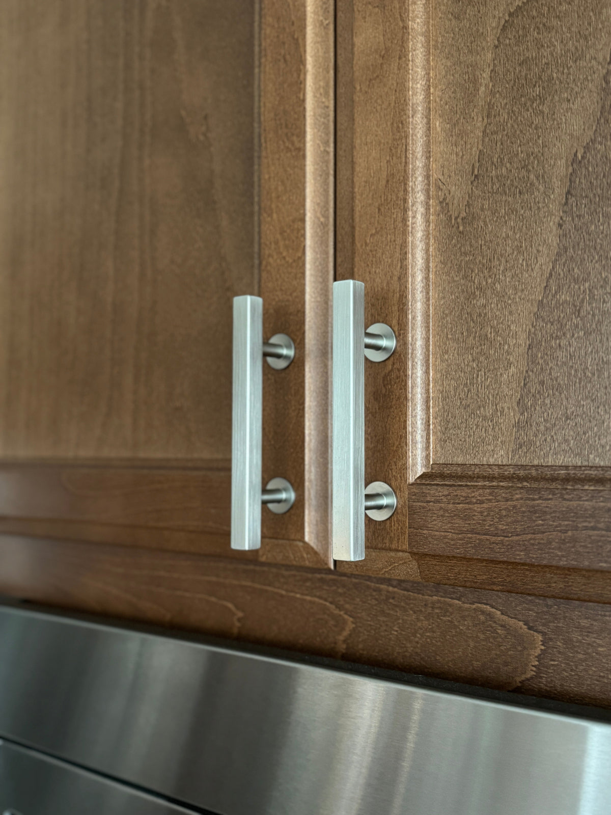 Lew's Square Bar Cabinet Knobs and Pulls in Brushed Nickel.