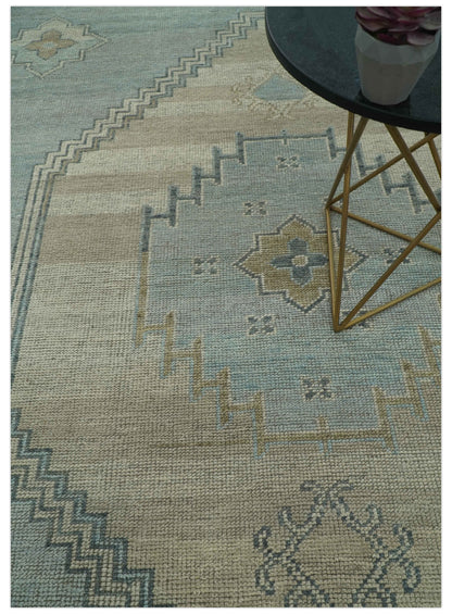 Traditional Medallion Design Blue and Beige Hand Knotted Wool Rug Custom Made.