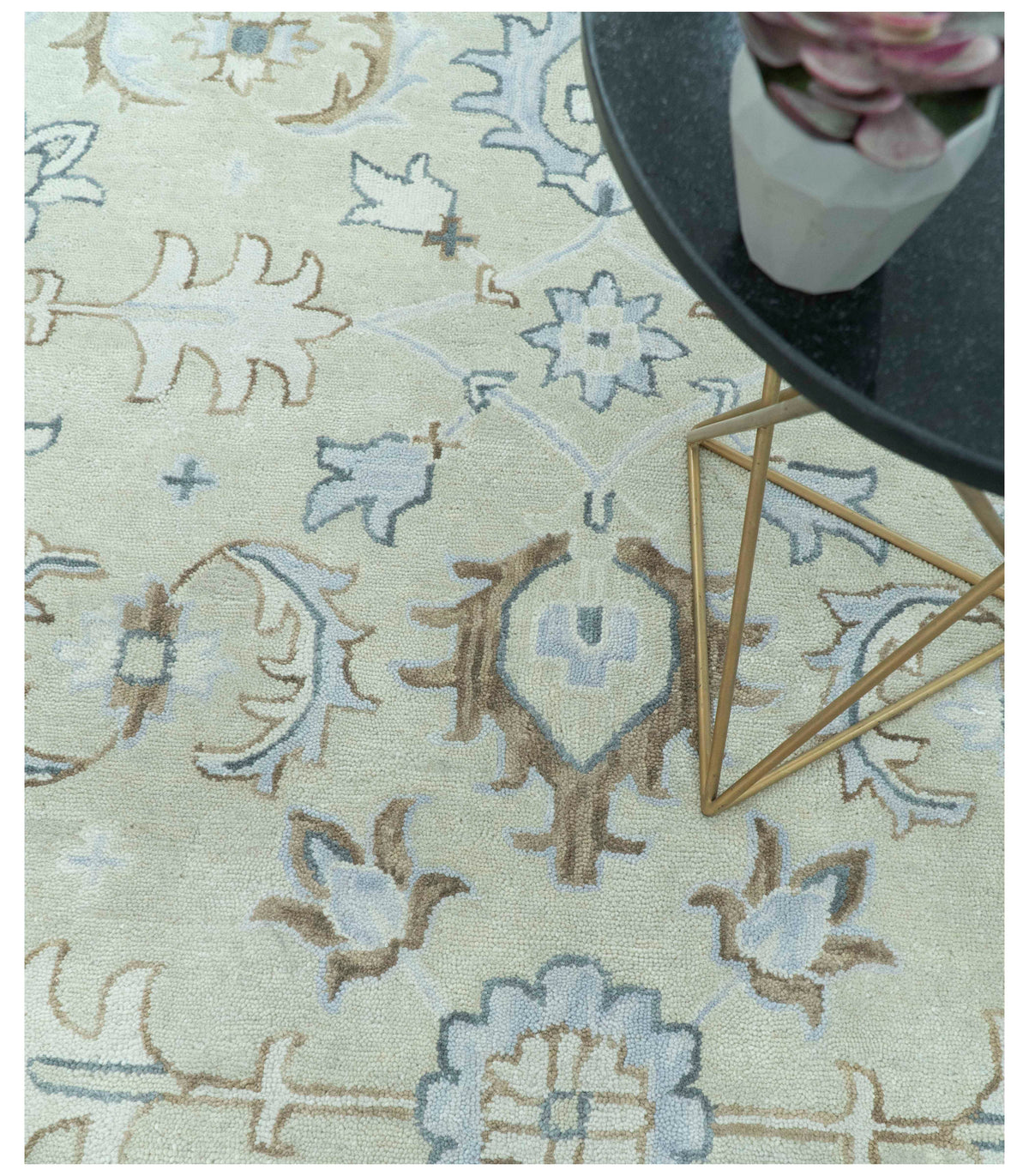 Traditional Oushak Design Beige And Blue Hand Tufted Custom Made Wool Rug.