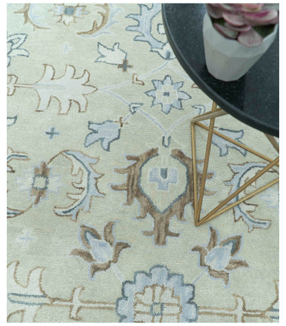 Traditional Oushak Design Beige And Blue Hand Tufted Custom Made Wool Rug.