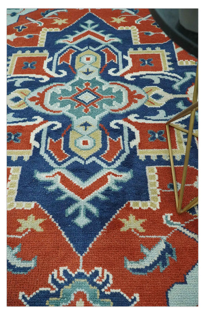 Custom Made Rust, Blue and Silver hand knotted Traditional Heriz wool area rug.