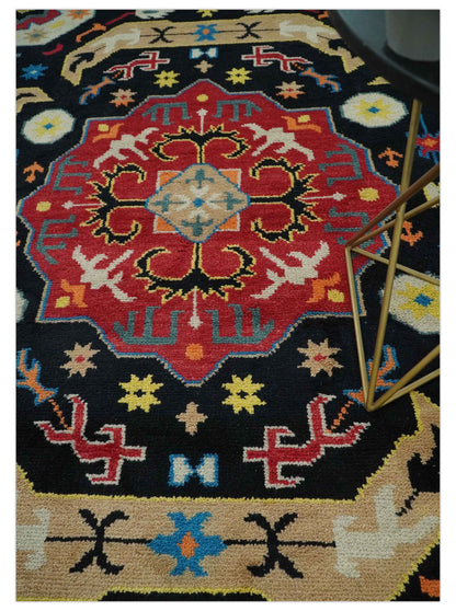 Custom Made Colorful Black, Maroon and Beige Traditional Mamluk Design wool Rug.