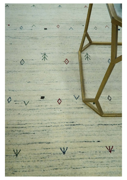 Ivory, Olive, Blue and Charcoal Handloom Tribal Gabbeh Multi Size wool Area Rug.