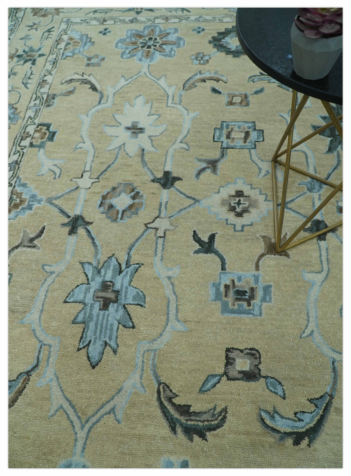Custom Made Beige, Ivory and Blue Hand Tufted Floral Oriental Oushak wool area rug.
