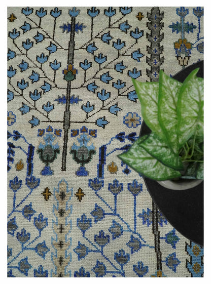 Custom Made Tree of life Hand Knotted Antique Ivory, Blue and Gray Wool area Rug.