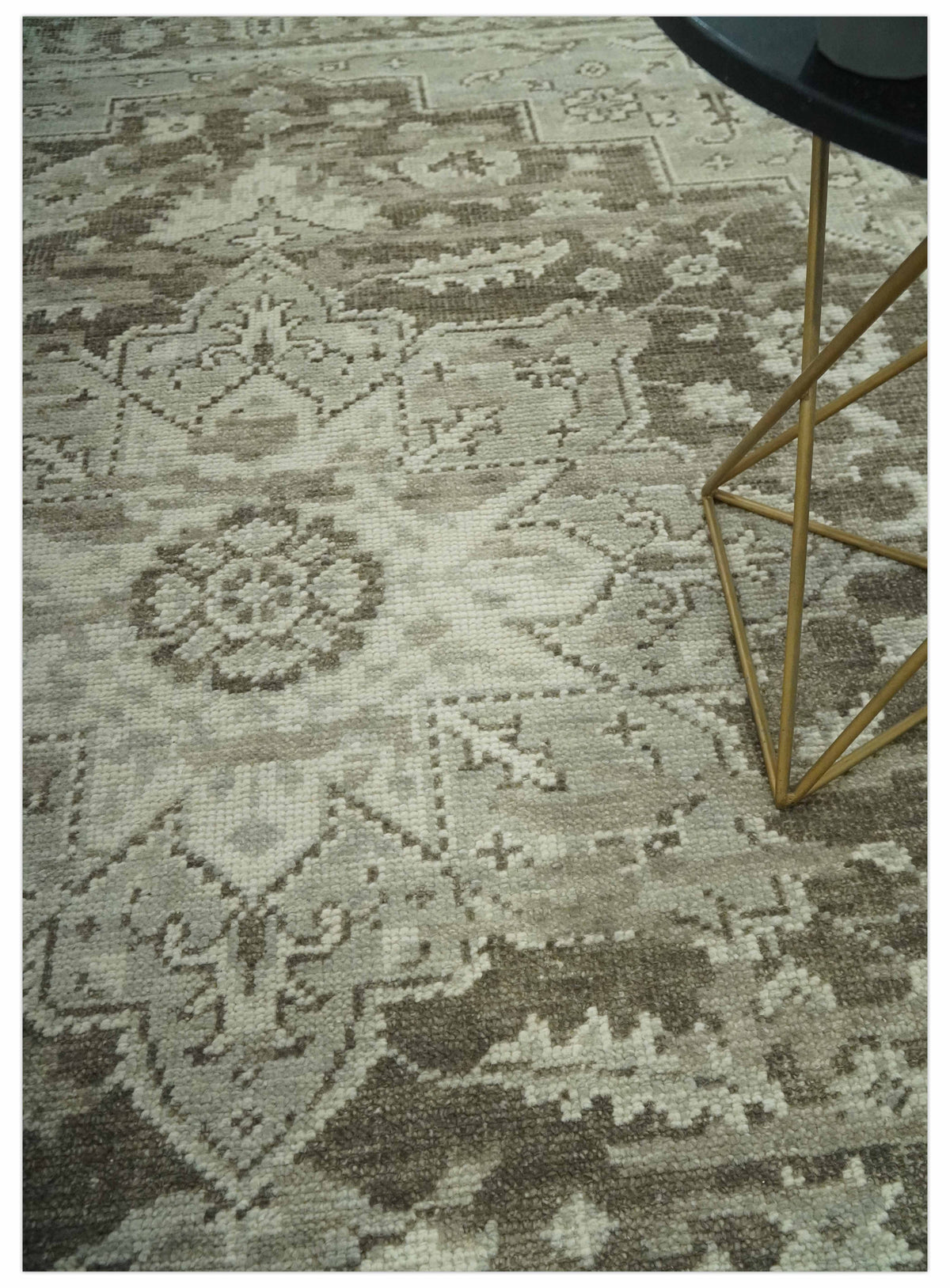 Traditional Turkish Design Beige And Brown Hand Knotted Custom Made wool rug.