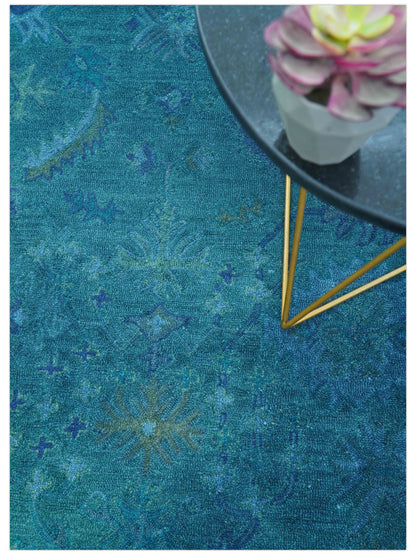 Custom Made Overdyed Traditional Oushak Blue Hand Tufted Wool Area Rug.